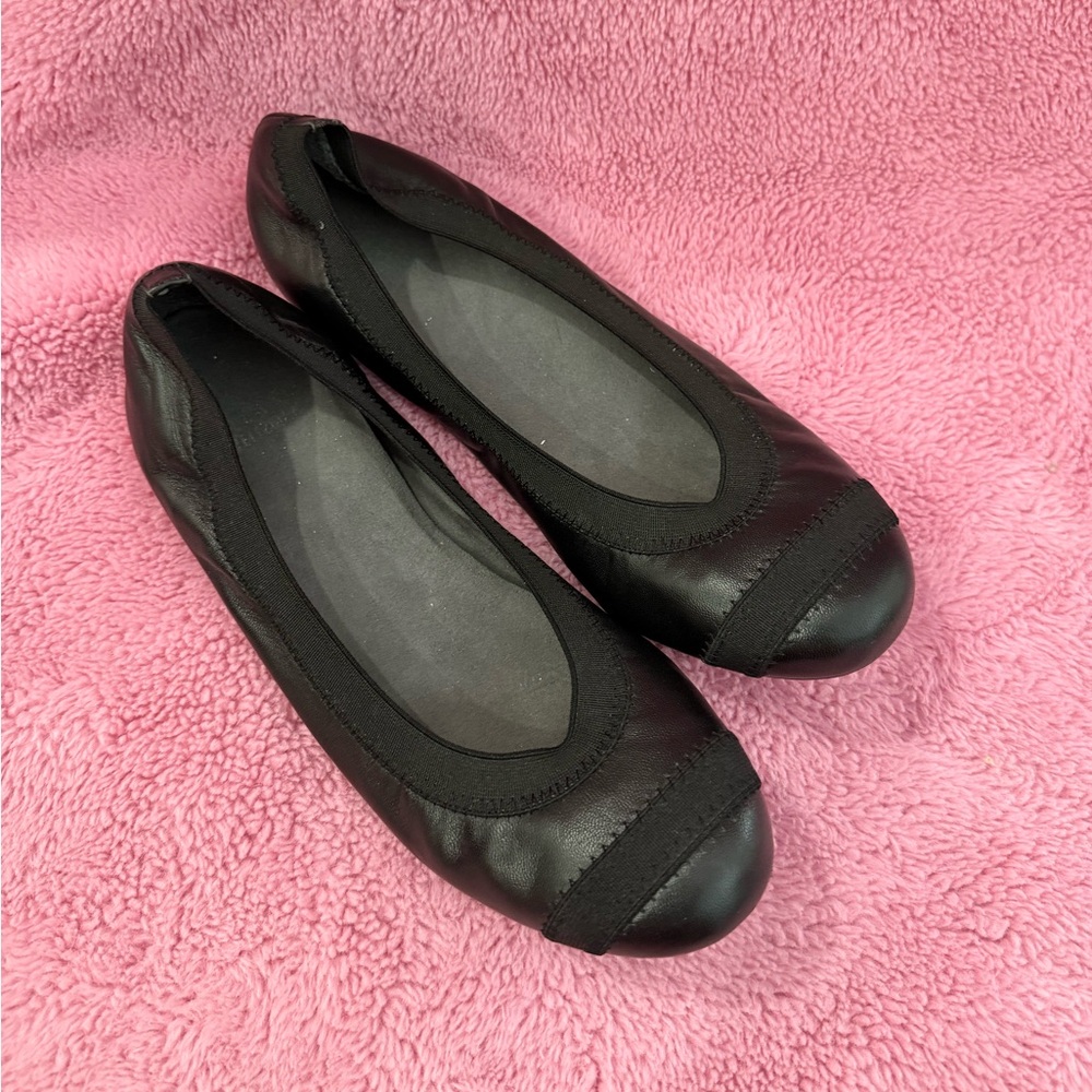 STUART WEITZMAN BLACK LEATHER ELASTIC BALLET FLATS SIZE 8